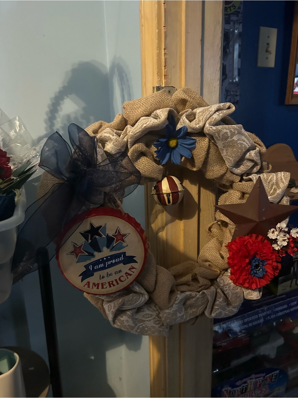 Hand Crafted Burlap Patriotic Wreath with Red, Blue, and Cream Accents